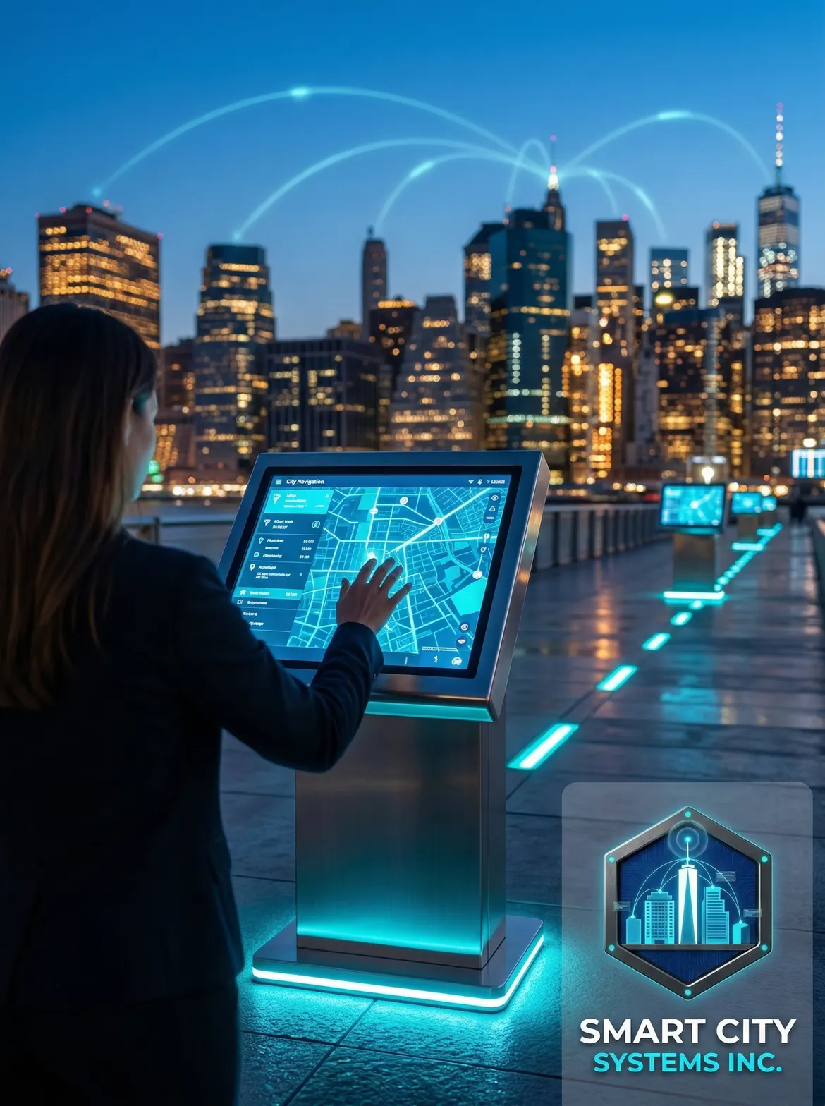 Smart corridor of connected kiosks at dusk