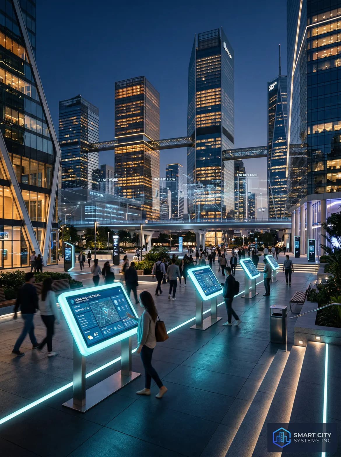 City plaza with a network of interactive kiosks